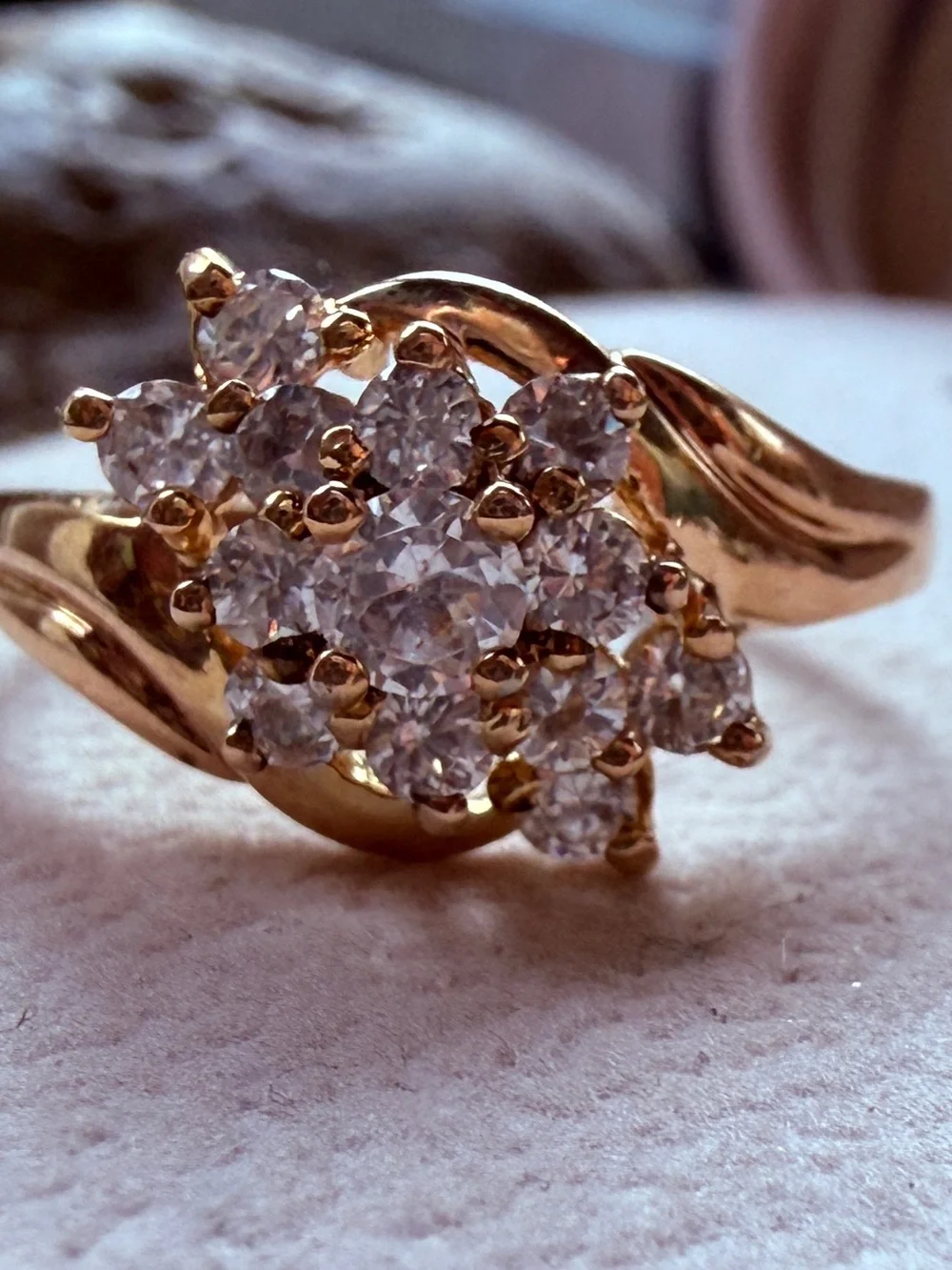 Vintage 925 Gold Vermeil Cubic Zirconia Diamond Cluster Bypass Ring